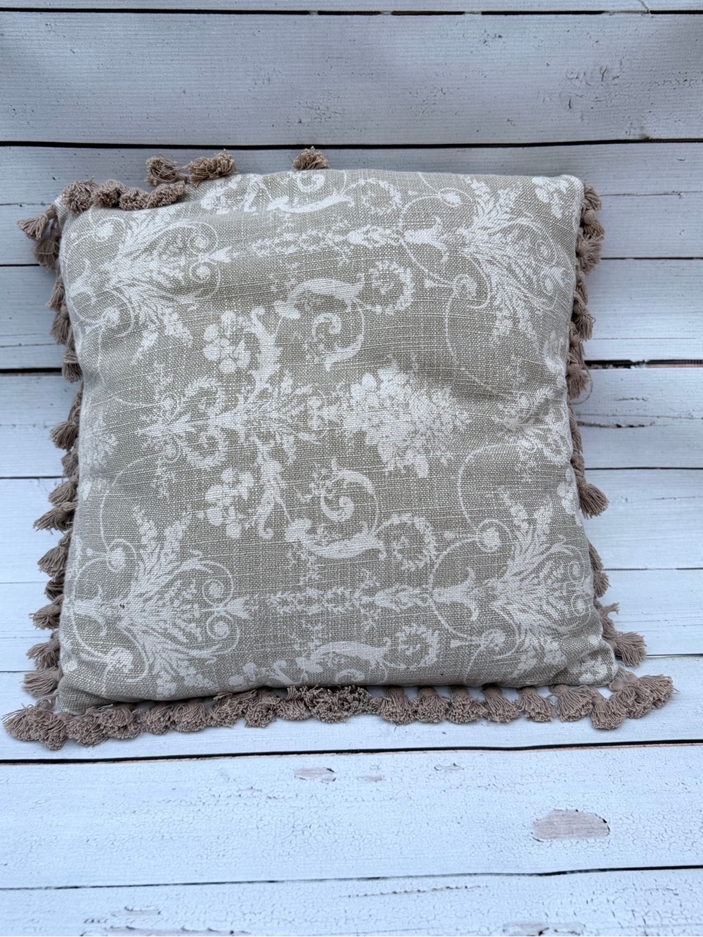 Neutral Floral Tassel Decorative Throw Pillow | Beige Cream Cottage Farmhouse